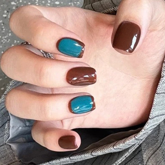 Bohemian Elegance Medium Square Press On Nail Set in Rich Brown and Vibrant Teal with Glossy Finish