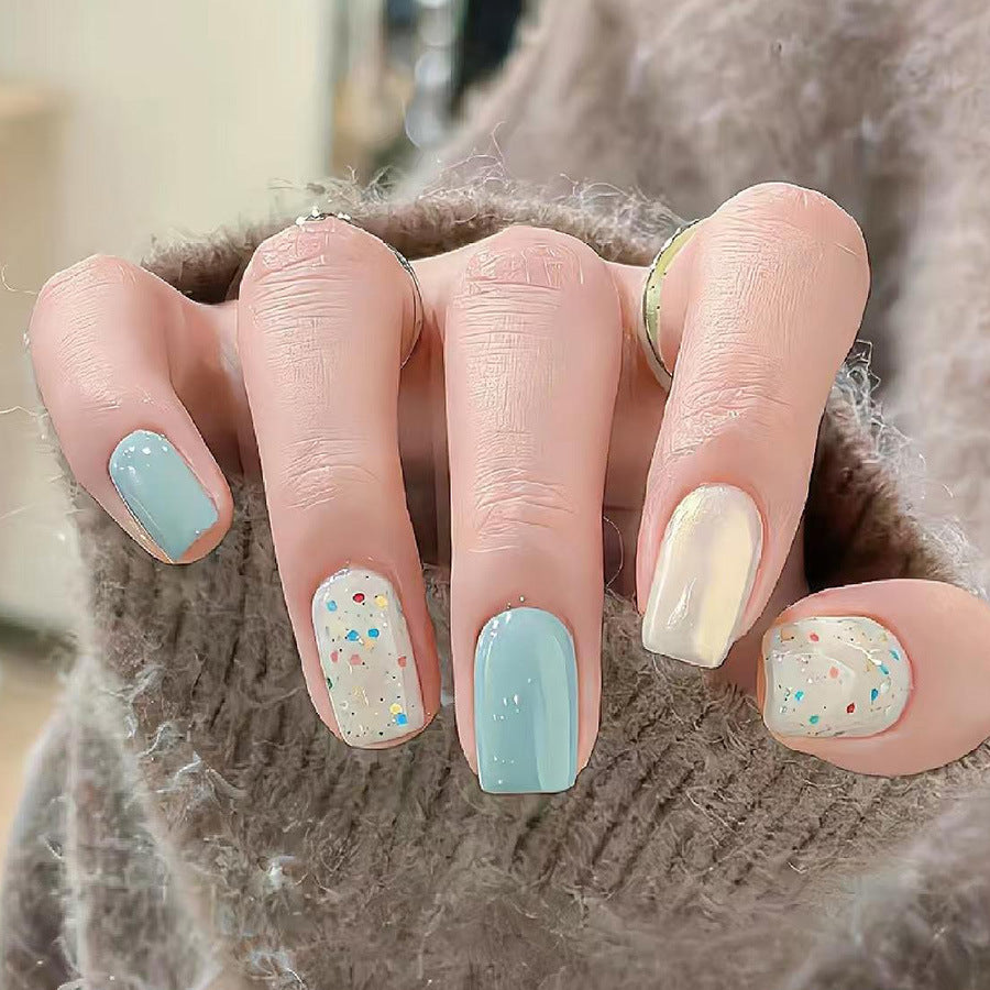 Charming Coastal Breeze Short Square Light Blue and Cream Nail Set with Colorful Confetti Accents