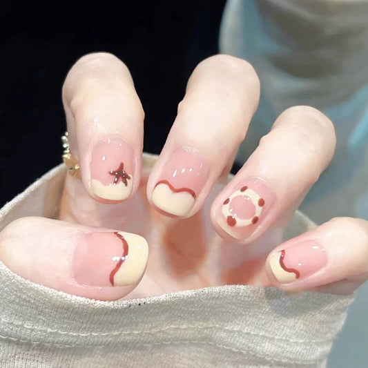 Delightful Dessert Inspired Medium Square Pink and Beige Press On Nail Set with Unique Sweet Treat Designs