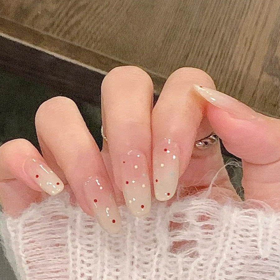 Sparkling Winter Dreams Long Oval Beige with Red and White Confetti Accent Press On Nail Set