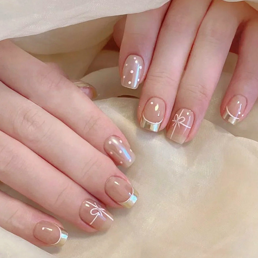 Whimsical Elegance Short Square Beige Tones Glossy Finish with Delicate Designs Press on Nail Set