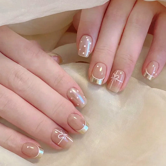 Whimsical Elegance Short Square Beige Tones Glossy Finish with Delicate Designs Press on Nail Set