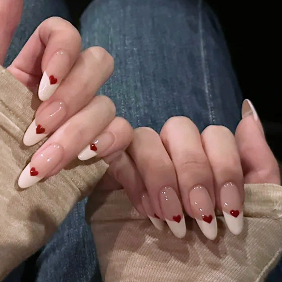Romantic Elegance Long Almond Shaped Cream and Red Heart Accent Press On Nail Set