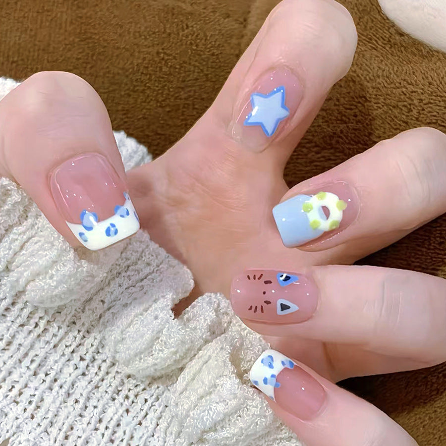 Cozy Dreamland Short Square Transparent Blue Playful Nail Set with Adorable Animal Themes