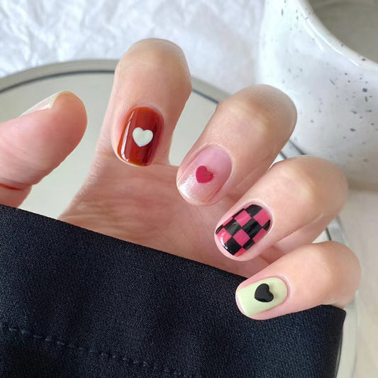 Charming Heart Vibes Short Square Glossy Colored Nail Set with Unique Heart Designs