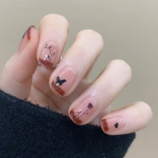 Enchanted Garden Medium Square Brown and Pink with Elegant Floral and Butterfly Design Press On Nail Set