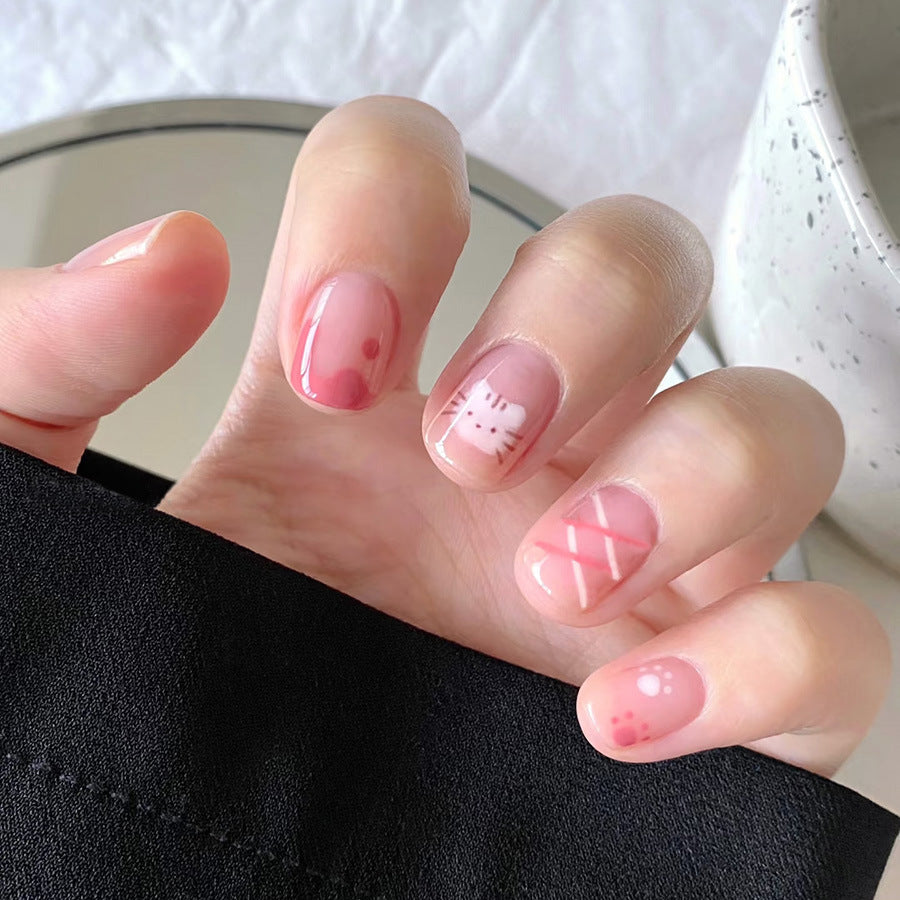 Whimsical Blossom Short Square Pink Gradient Nail Set with Cute Cat Design