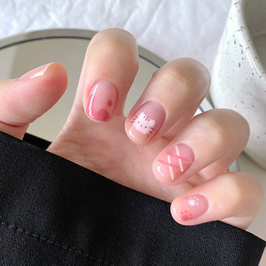 Whimsical Blossom Short Square Pink Gradient Nail Set with Cute Cat Design
