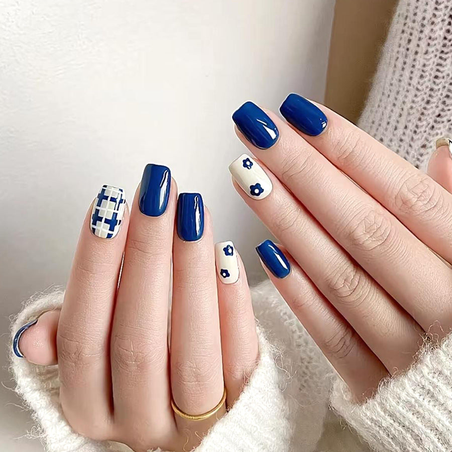 Nautical Vibes Medium Square Blue Press On Nail Set with Intricate Floral and Geometric Designs