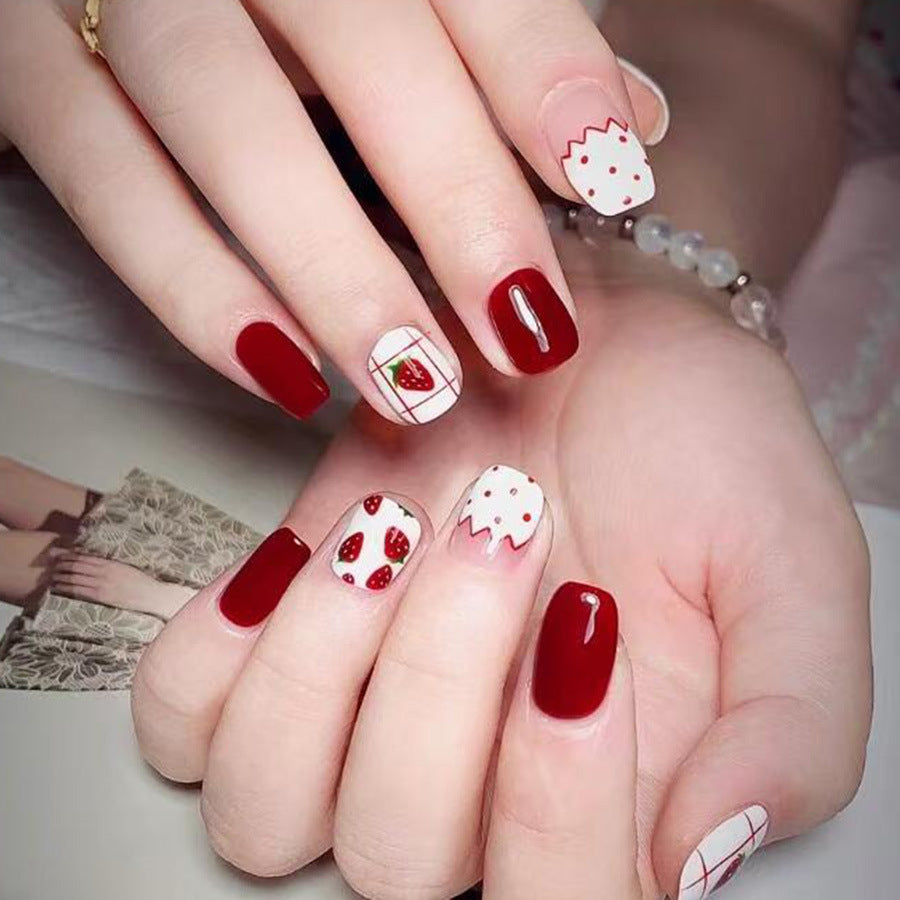 Sweet Treat Delight Short Square Burgundy Nails with Whimsical Strawberry and Frosting Design