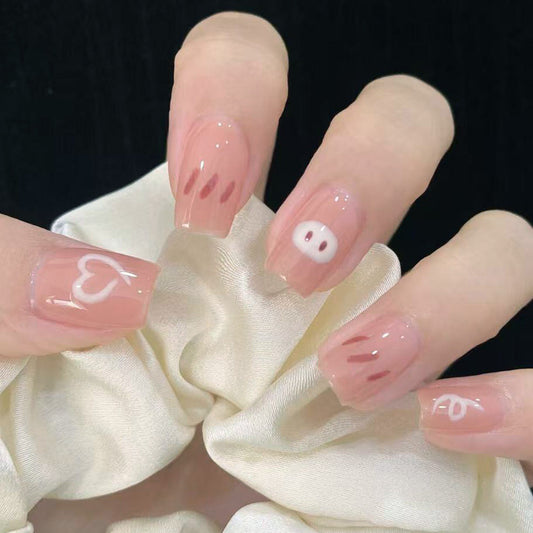 Charming Pastel Short Square Shaped Pink Press On Nail Set with Cute Pig and Heart Designs