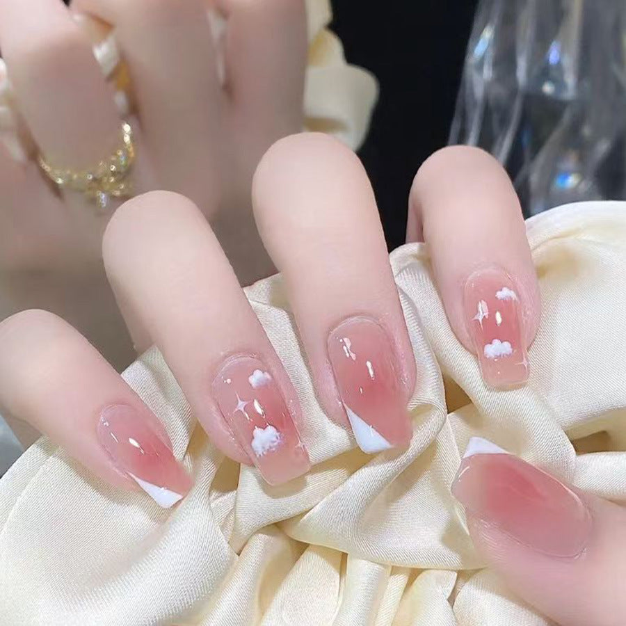 Dreamy Cloud Escape Medium Square Blush Pink Nails with Chic White Tips and Adorable Cloud Accents