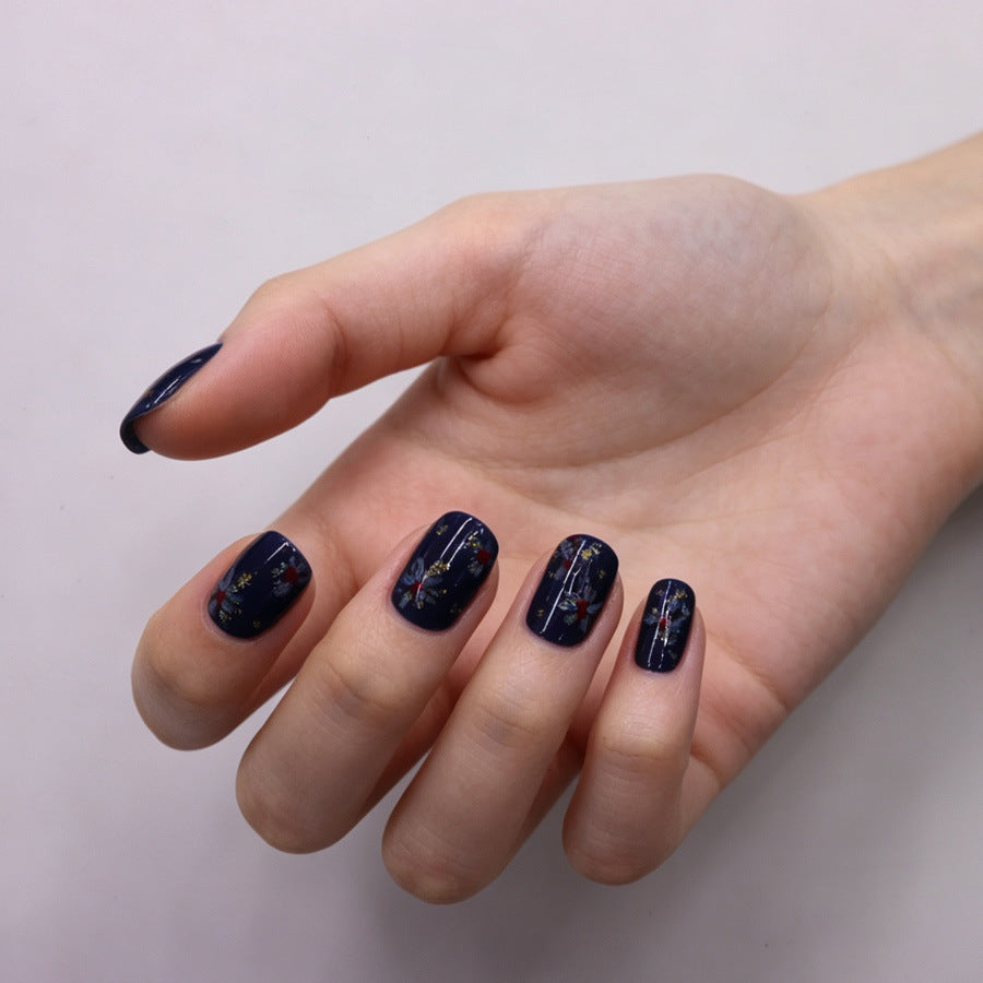 Botanical Enchantment Short Round Navy Blue Glossy Press On Nail Set with Floral Design