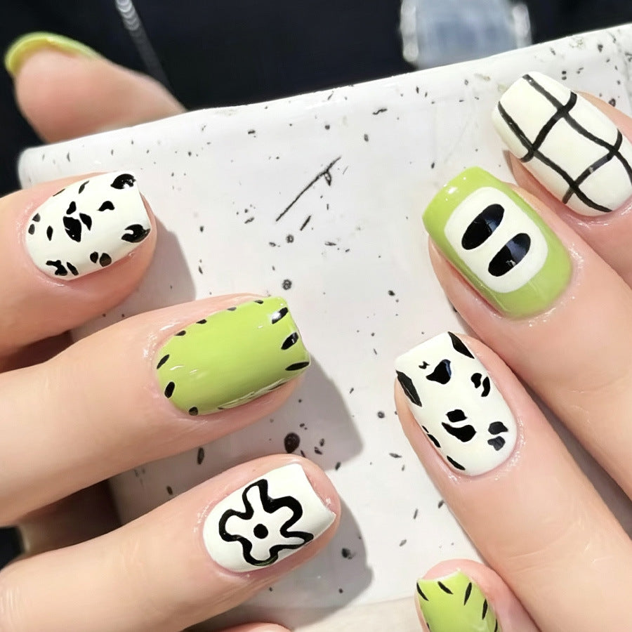 Vibrant Nature Inspired Short Square Green Nail Set with Artistic Patterns