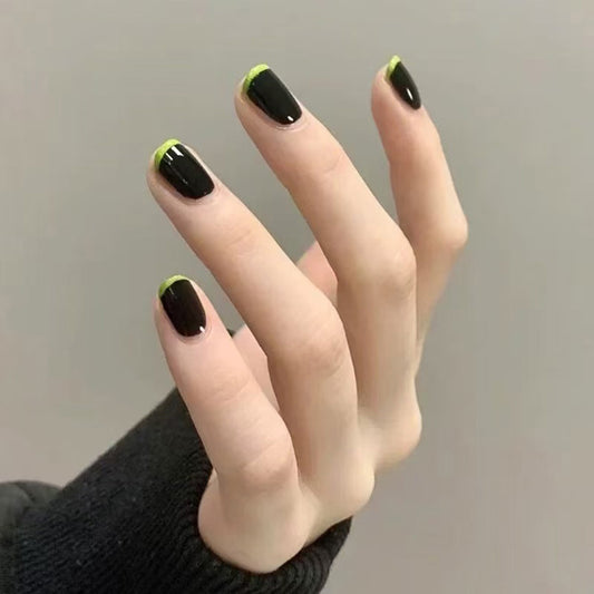 Chic Gothic Vibes Short Square Black Nails with Neon Green Tips