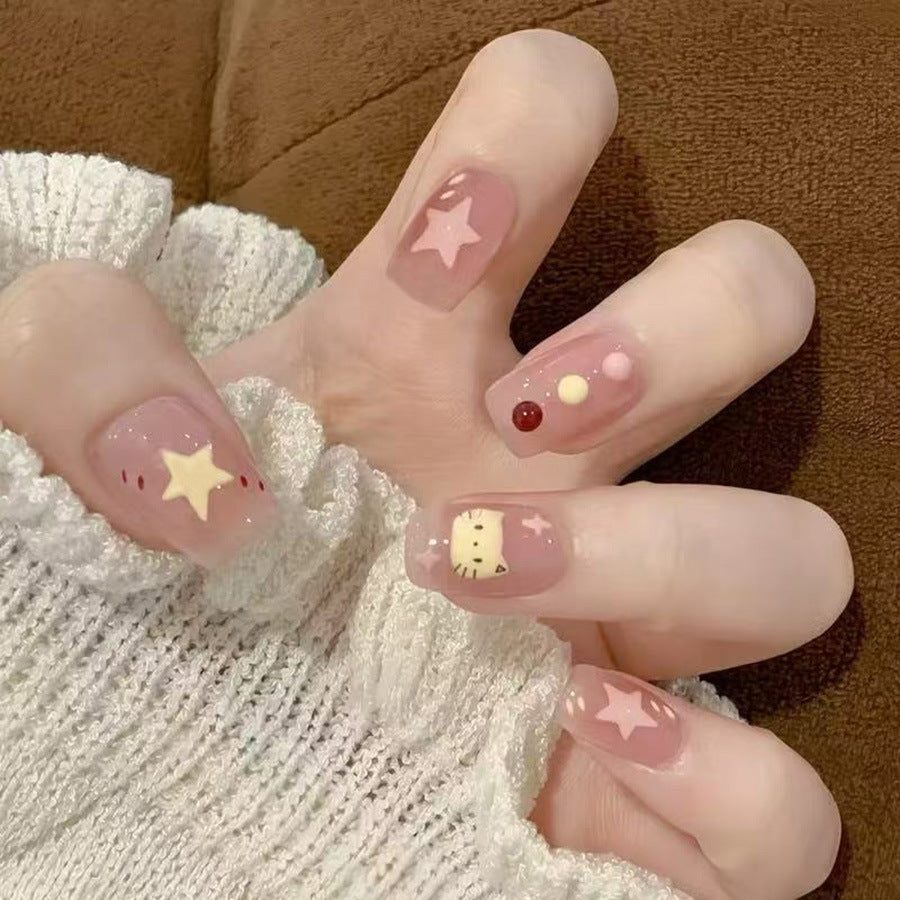 Whimsical Pink Short Square Nail Set with Star and Kitty Designs