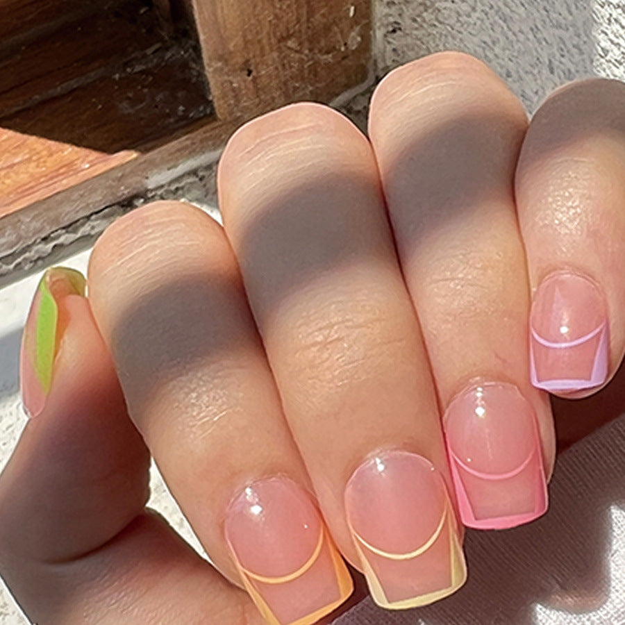 Tropical Vibes Medium Square Pink and Yellow Ombre Nail Set with Elegant Geometric Design