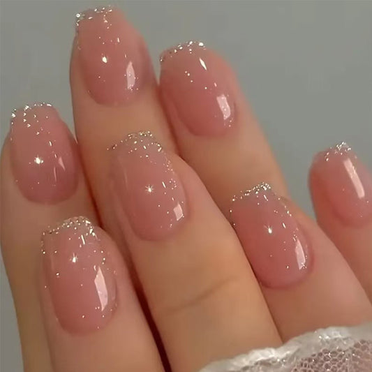 Glamorous Elegance Short Square Pink with Sparkling Glitter Tips Press on Nail Set