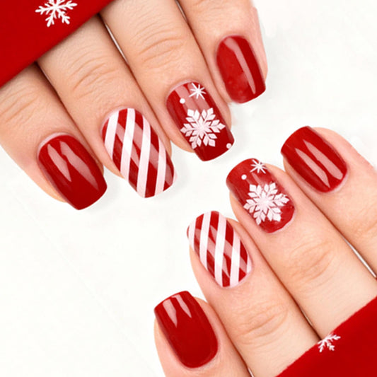 Festive Winter Wonderland Medium Square Red Press-On Nail Set with Snowflake and Candy Cane Design