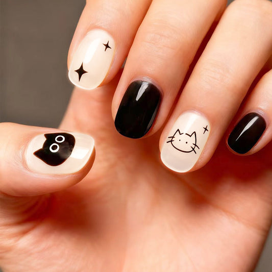 Whimsical Cat Adventure Glossy Short Oval Black and Clear with Adorable Cat Prints Nail Set