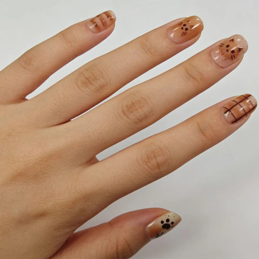 Whimsical Pet Adventure Medium Squoval Brown Paw Print Nail Set