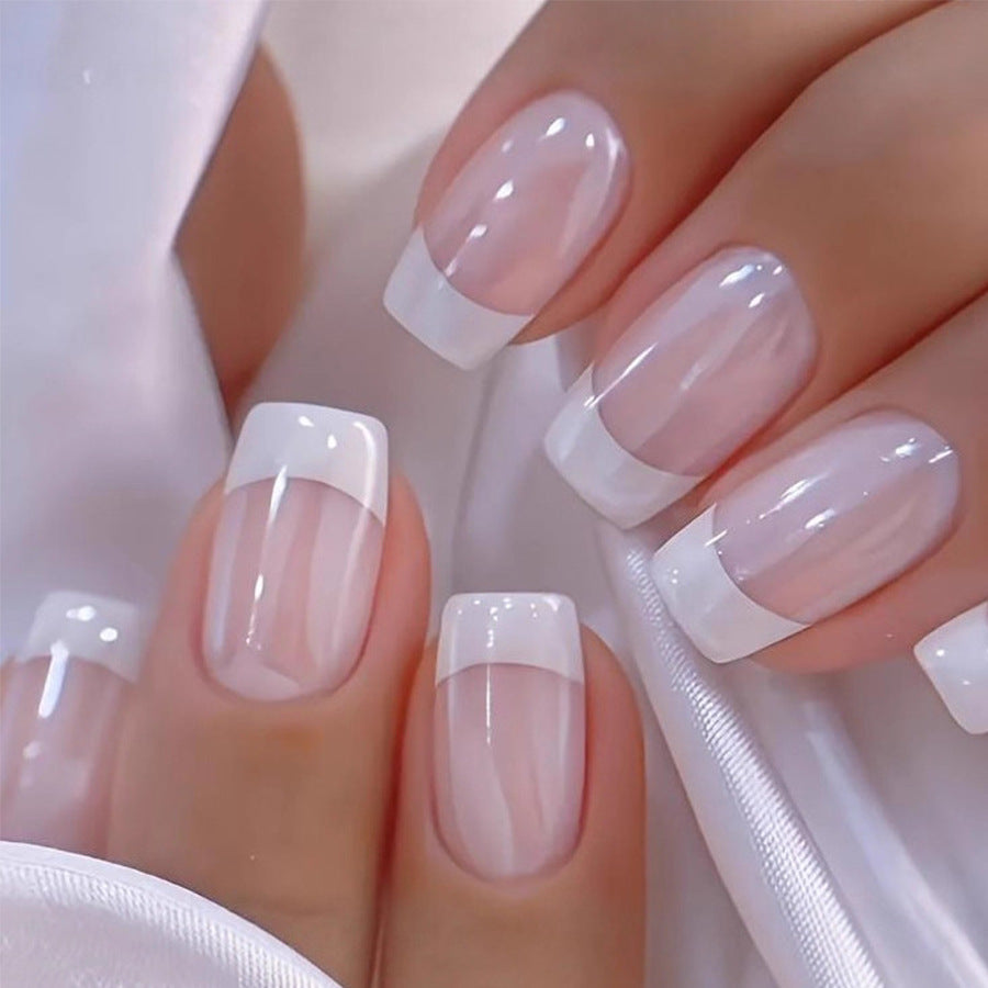 Elegant Serenity Medium Square Press On Nails in Long Clear with Chic White Tip and Glossy Finish