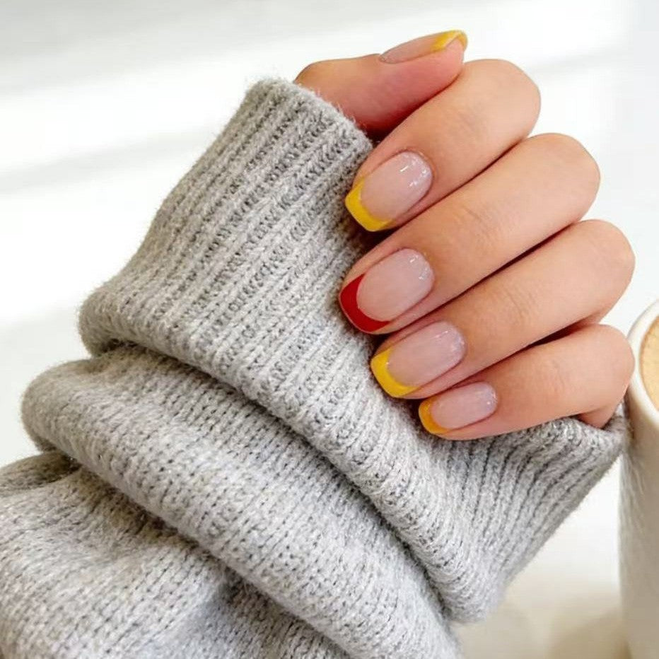 Vibrant Autumn Leaf Elegant Medium Square Press on Nail Set with Cheerful Yellow and Bold Red Tip Accents