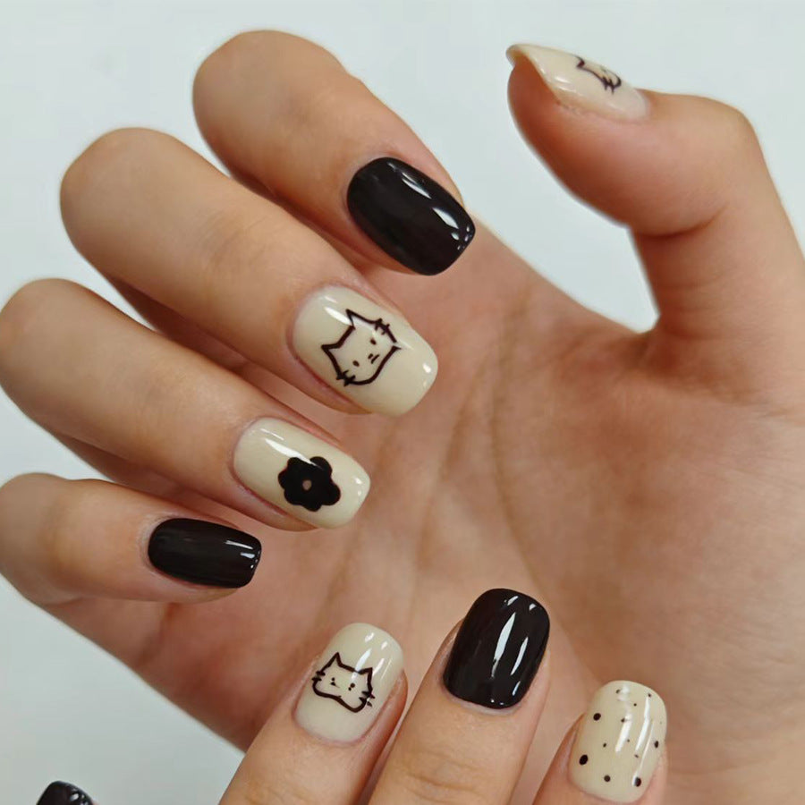 Whimsical Cat Adventure Medium Square Black and Beige Press-On Nail Set with Charming Animal and Floral Designs
