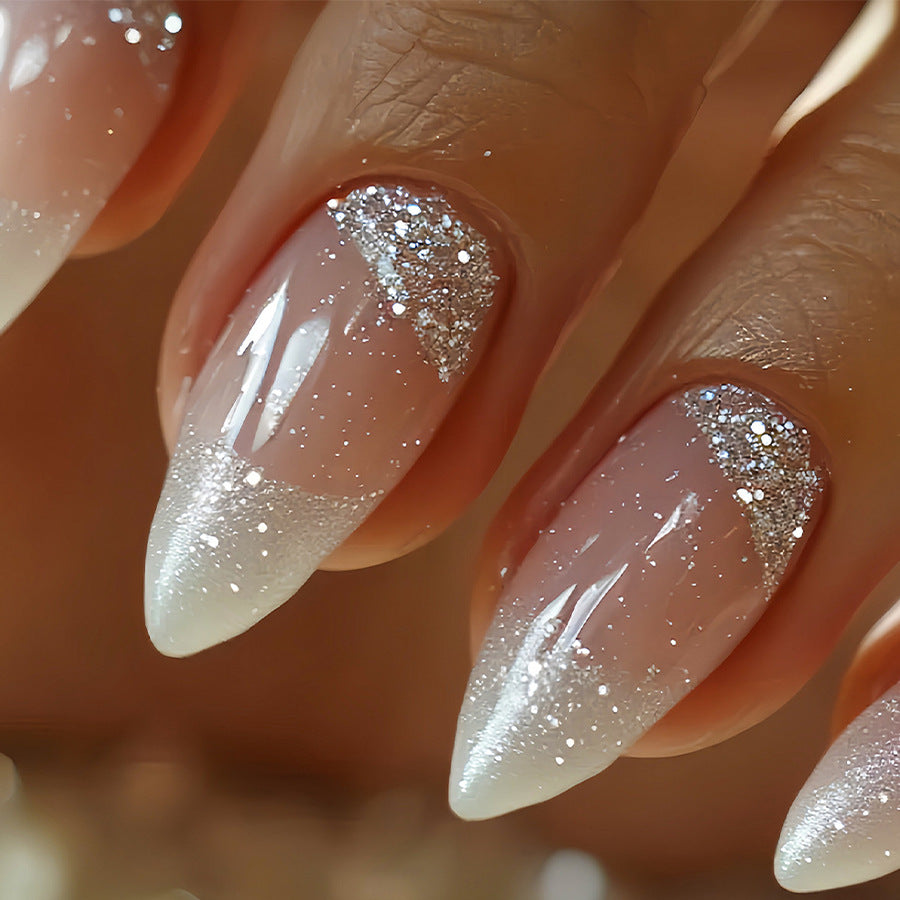 Elegant Dream Medium Almond Silver Glitter Gradient Press On Nail Set