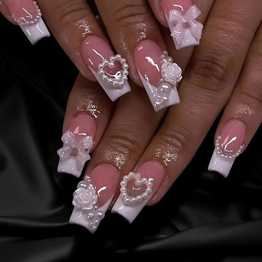 Elegant Romance Long Square Pink and White Acrylic Press On Nail Set with 3D Floral and Pearl Accents