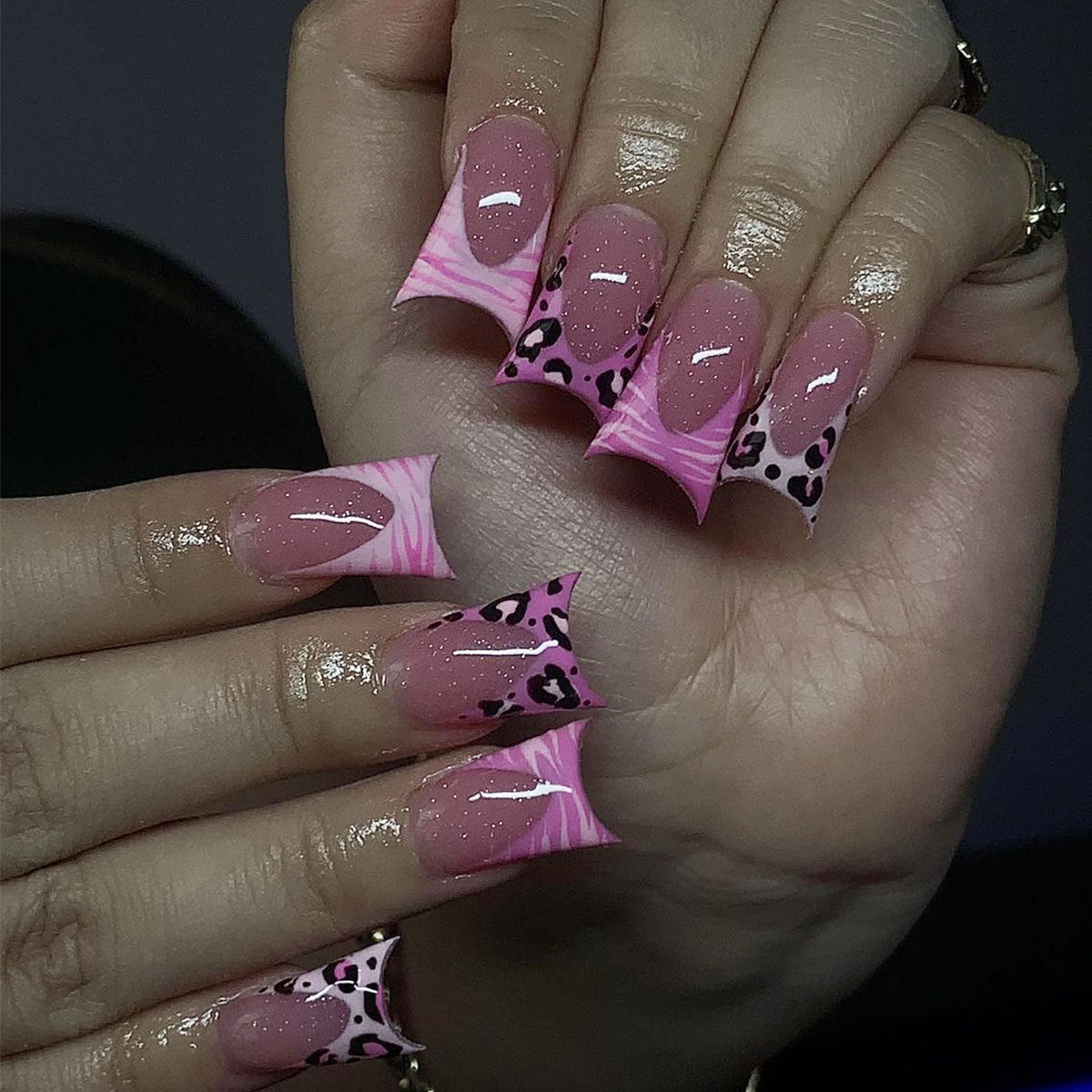 Fierce Safari Long Duck Press On Nail Set Pink Animal Print and Marble Design