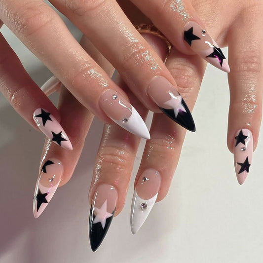 Celestial Dreams Extra Long Stiletto Press On Nail Set in Pink Black and White with Star and Gem Accents