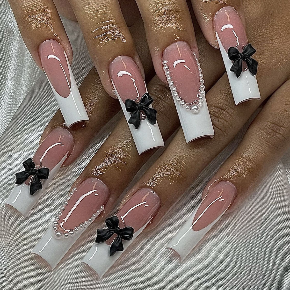 Elegant Bowknot Long Square Pink and White Press On Nail Set with Pearl and Bow Accents