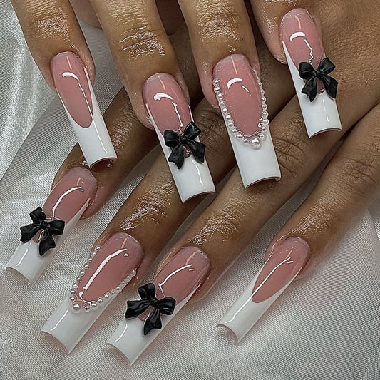 Elegant Bowknot Long Square Pink and White Press On Nail Set with Pearl and Bow Accents
