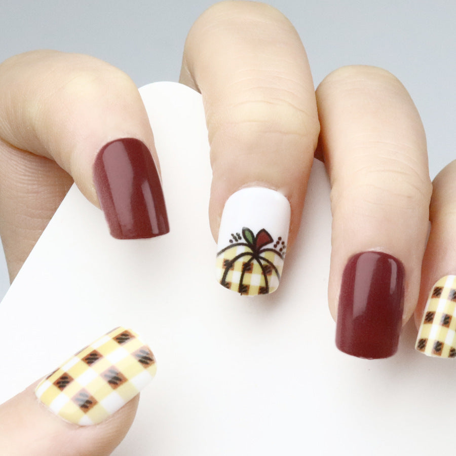 Autumn Charm Medium Square Burgundy and White Checkered Nail Set with Unique Pumpkin Design
