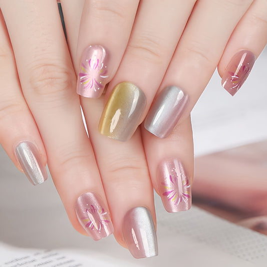 Enchanted Evening Medium Coffin Pink and Silver Press On Nail Set with Floral Accents and Metallic Finish