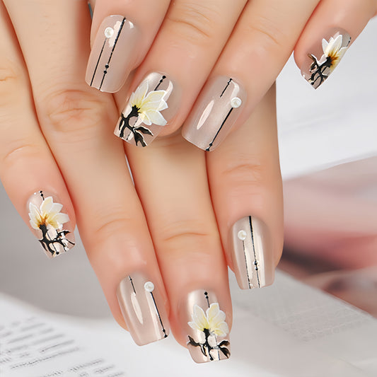 Elegant Floral Fantasy Long Coffin Beige Press On Nail Set with 3D Flower Accents