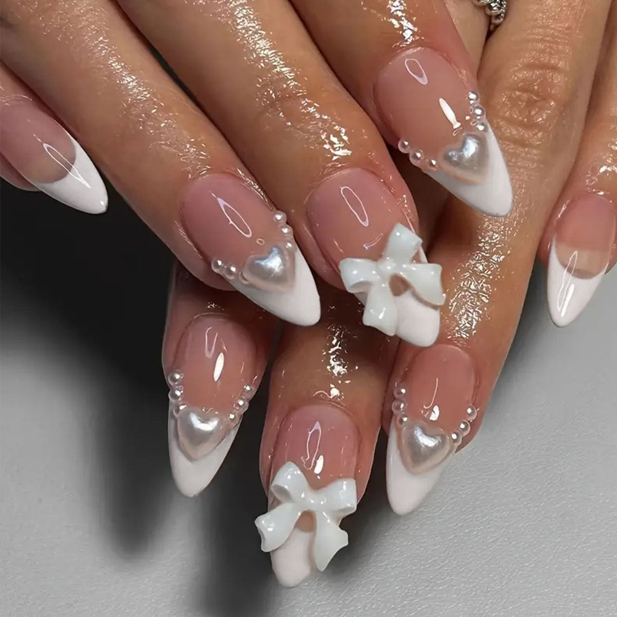 Elegant Bridal Fantasy Long Almond White Press On Nail Set with Pearl Accents and Bow Detail