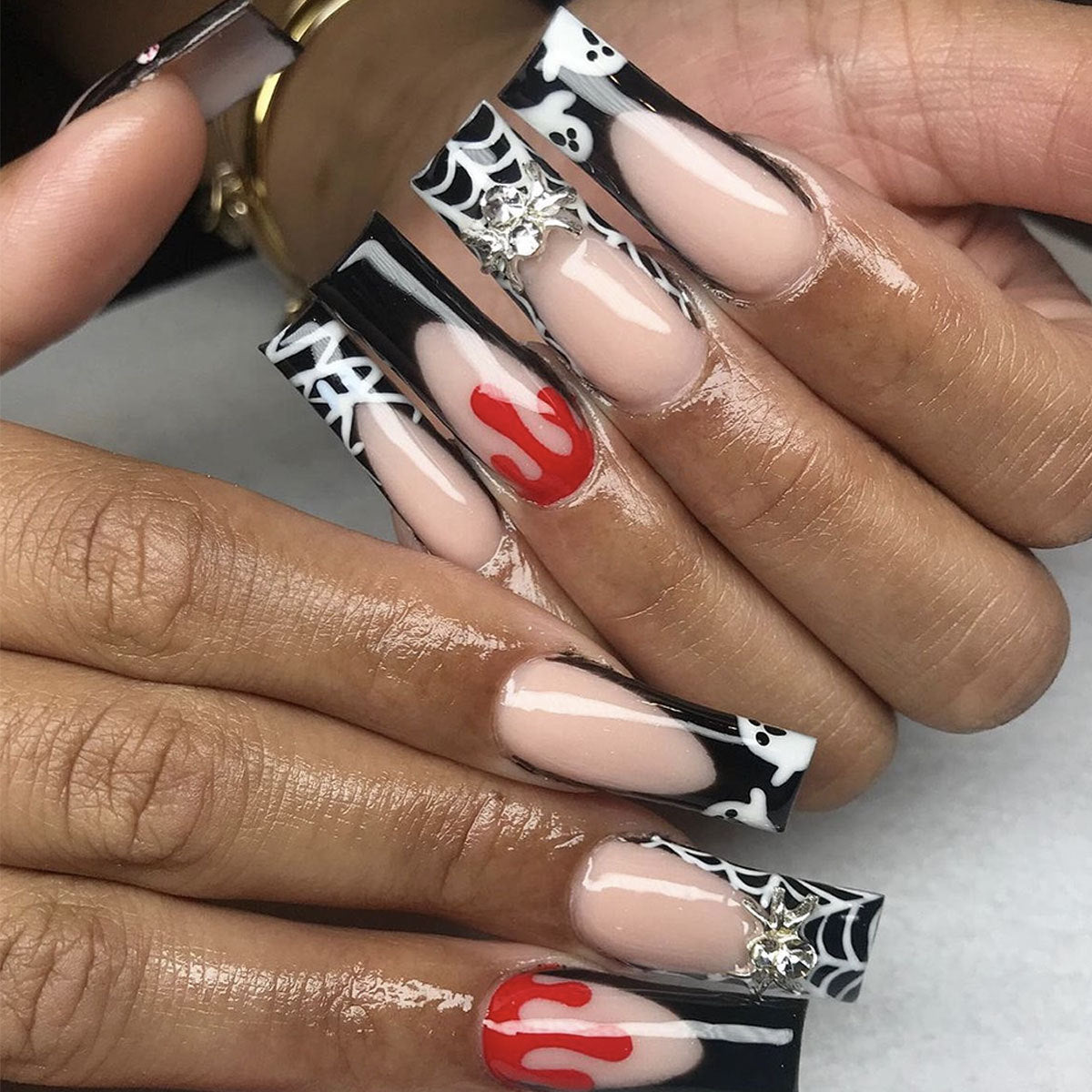 Spooky Glam Long Square Black And Beige Press On Nail Set With Colorful Flame And Spider Designs