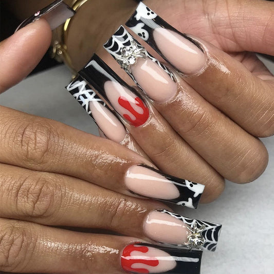 Spooky Glam Long Square Black And Beige Press On Nail Set With Colorful Flame And Spider Designs