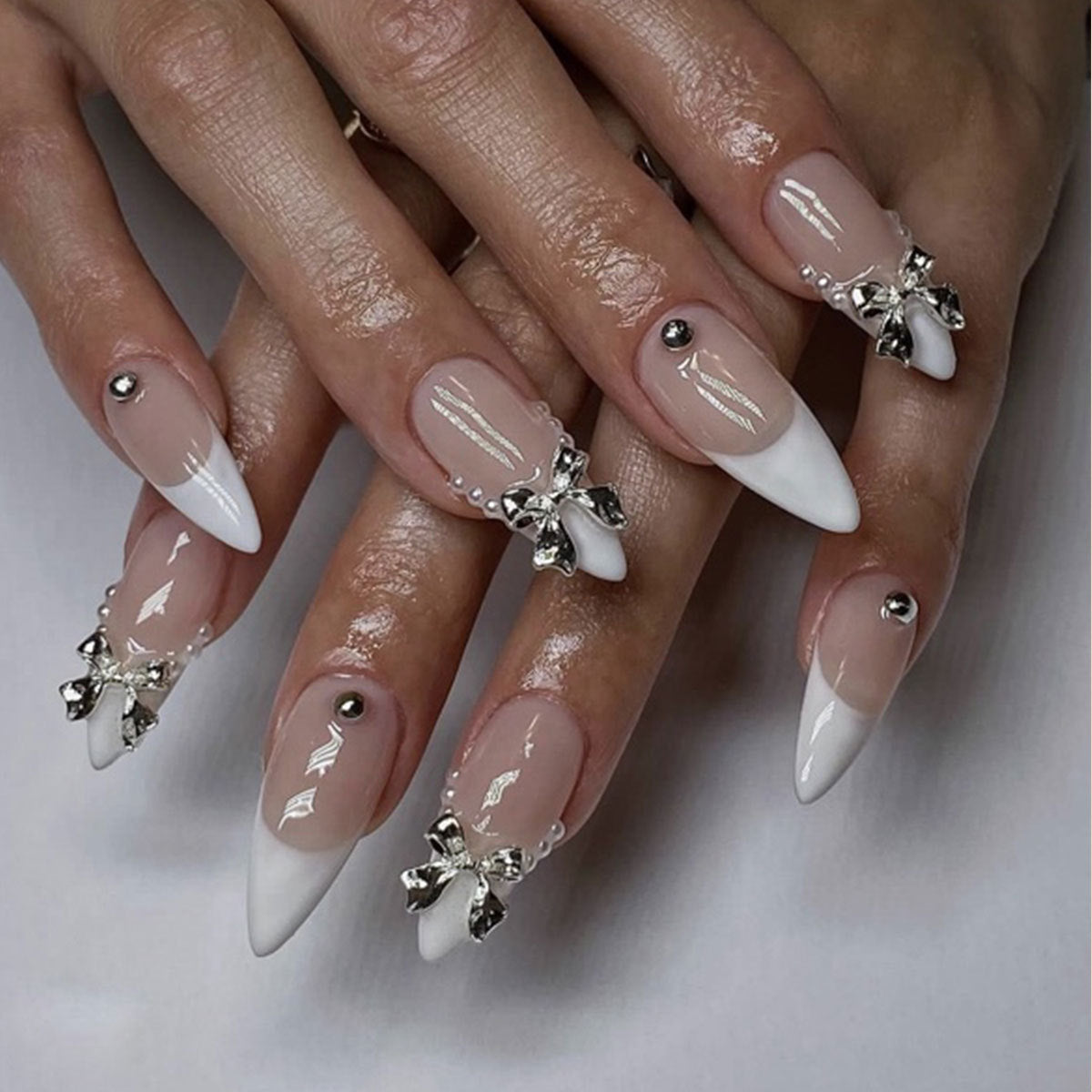 Elegant Enchantment Long Almond White and Beige Press On Nail Set with Silver Bow Accents