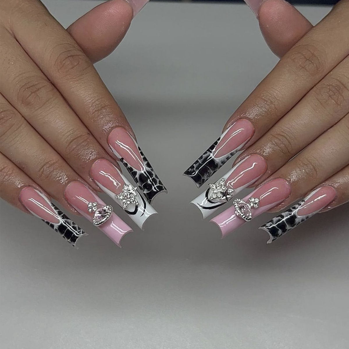 Chic Royalty Long Square Style Pink Black and White Press On Nail Set with Rhinestone Accents