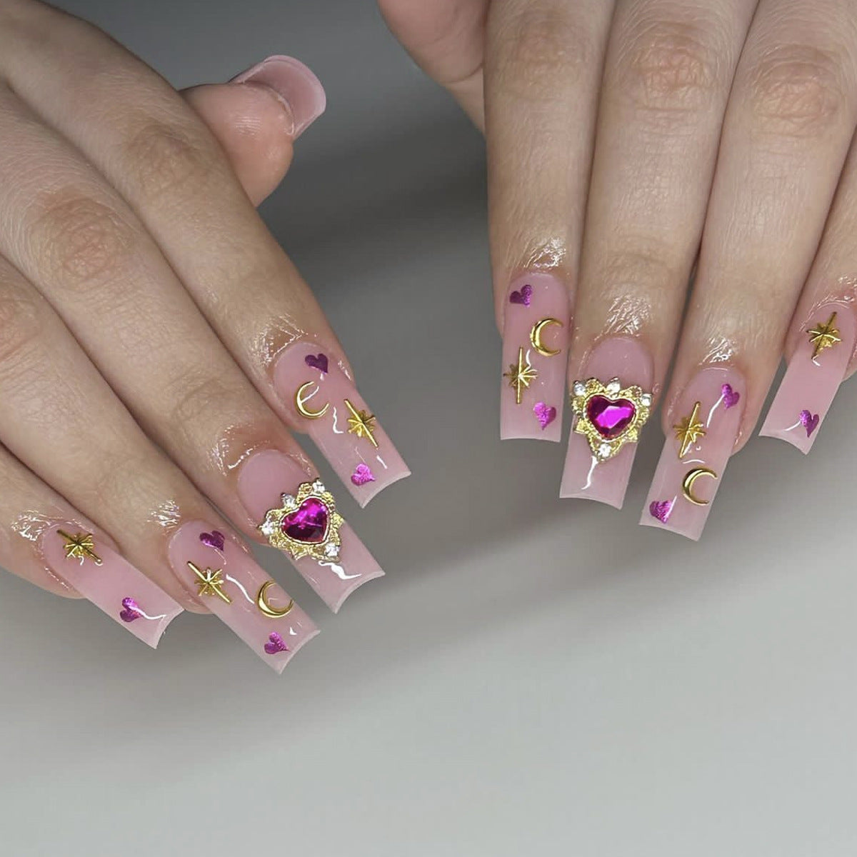Celestial Dreams Long Square Pink Press On Nail Set with Heart and Star Designs