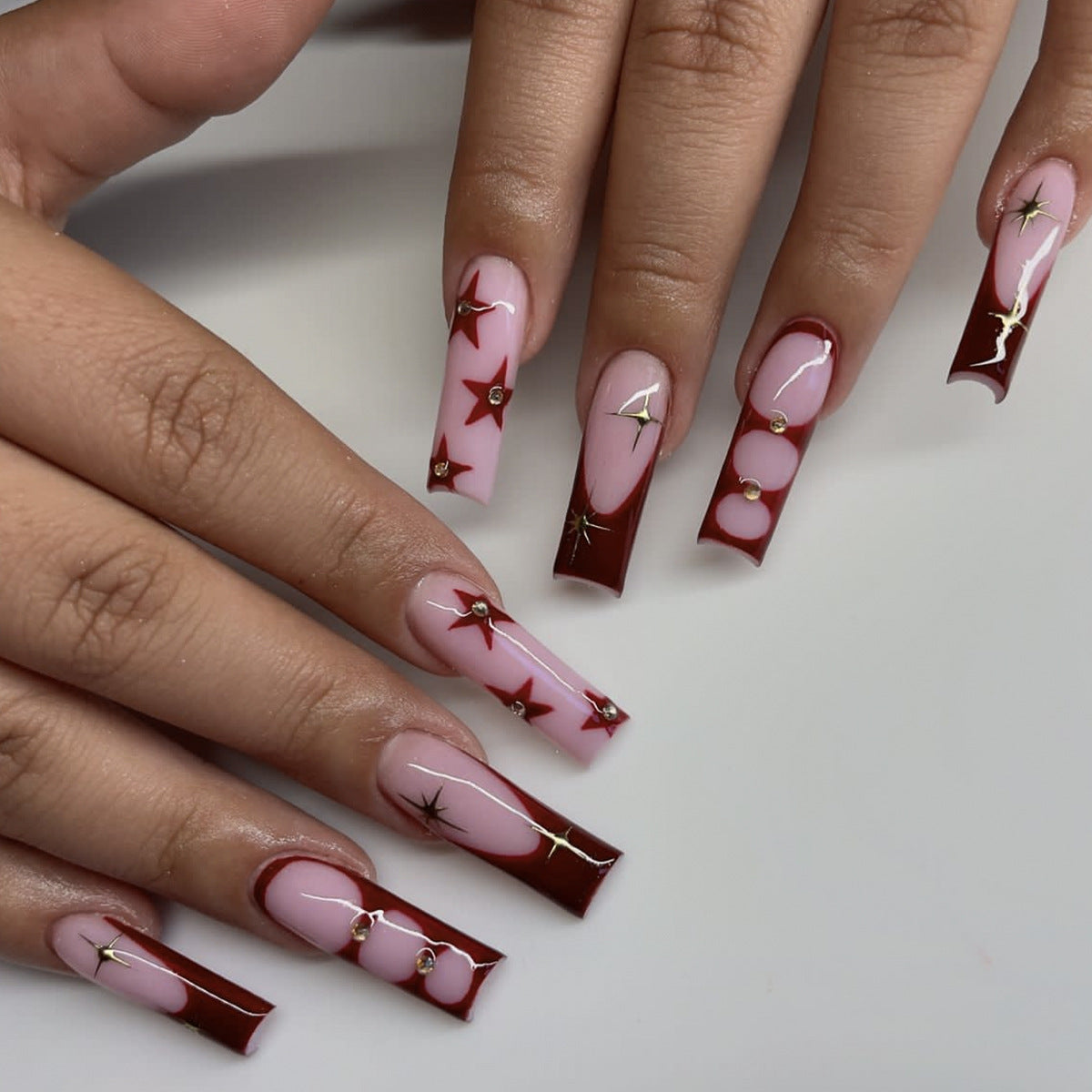 Celestial Glamour Long Square Pink and Burgundy Press On Nail Set with Star and Jewel Accents