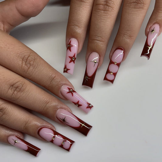 Celestial Glamour Long Square Pink and Burgundy Press On Nail Set with Star and Jewel Accents