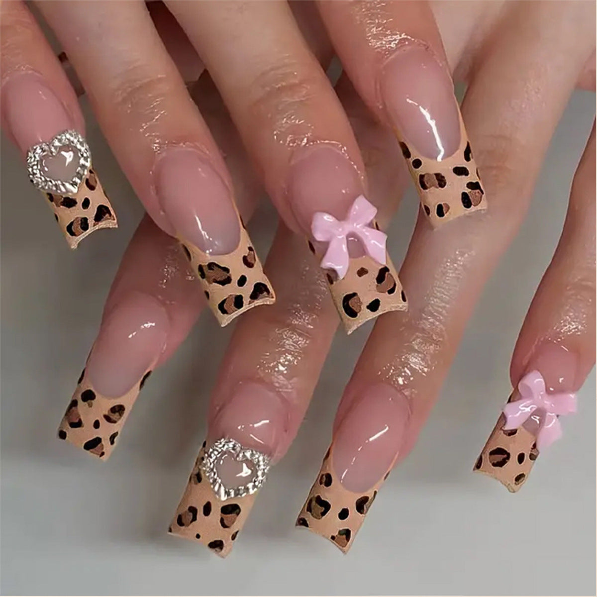 Wild Safari Chic Long Square Leopard Print Press On Nail Set with Pink Bows and Heart Gems