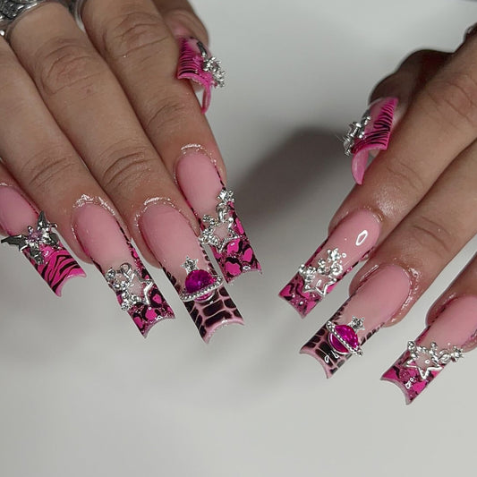 Cosmic Glamour Long Square Pink Press-On Nails with Sparkling Gem Accents