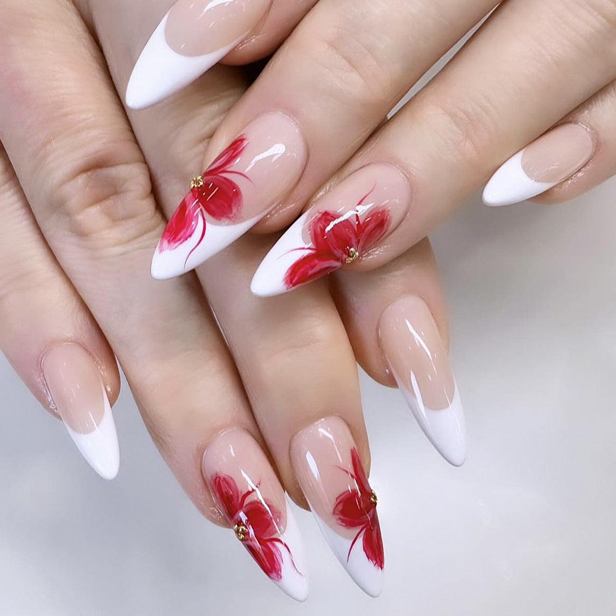 Tropical Floral Elegance Long Almond White Ombre Press On Nail Set with Handpainted Red Flowers and Gem Accents