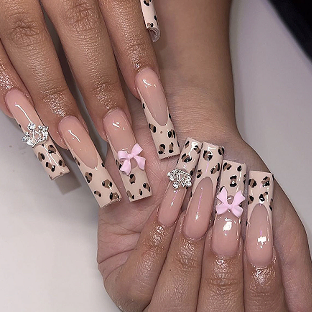 Wild Chic Extra Long Square Press On Nail Set in Pink Leopard Print with Gemstone and Bow Accents