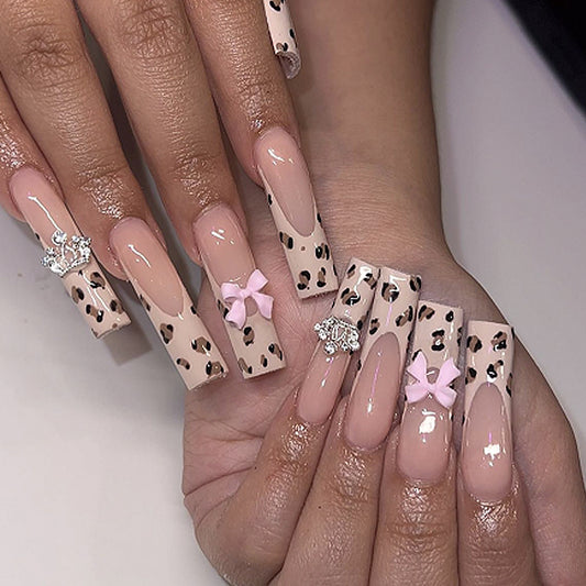 Wild Chic Extra Long Square Press On Nail Set in Pink Leopard Print with Gemstone and Bow Accents